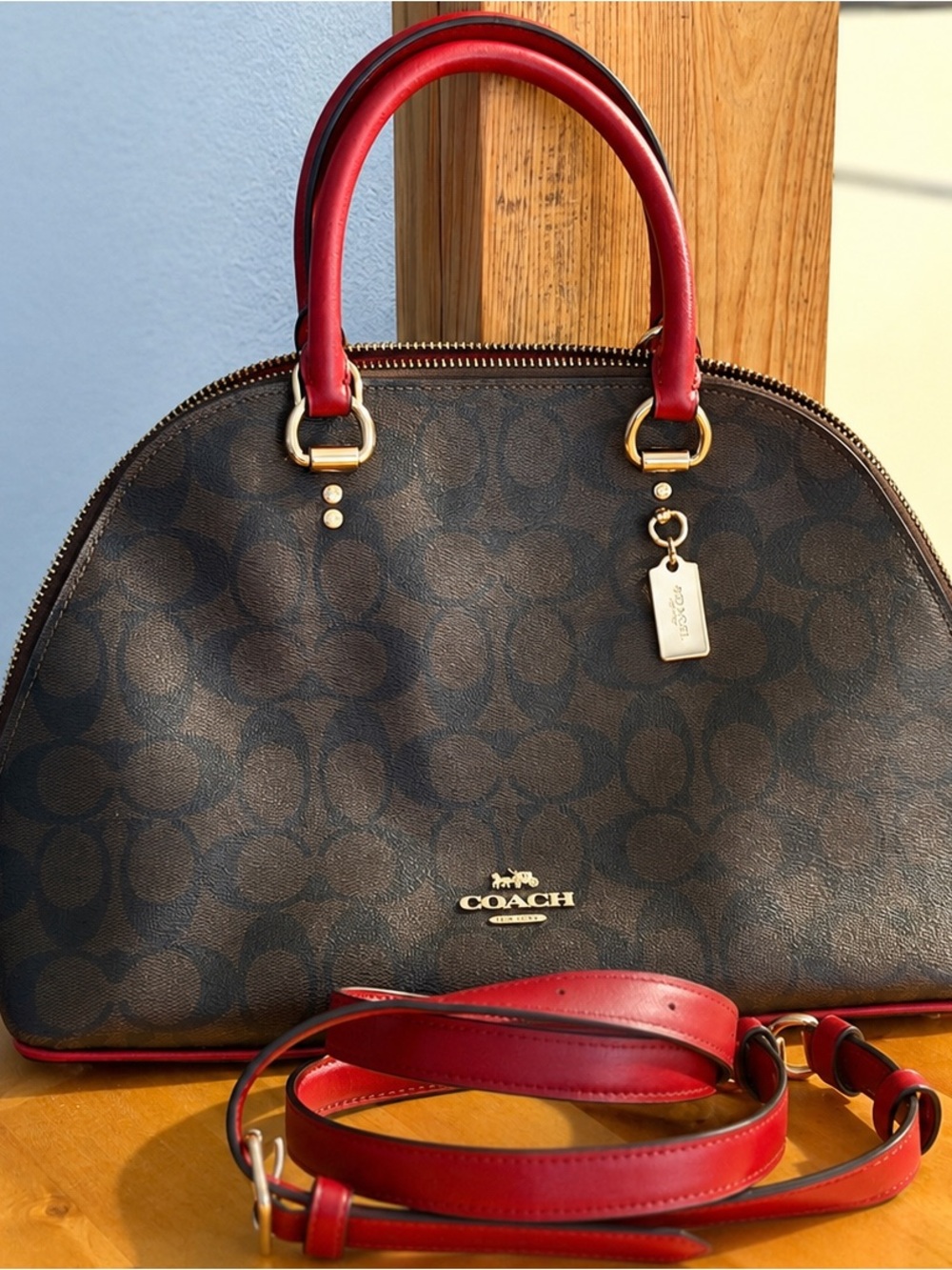 Coach Brown Signature Dome Satchel with Red Trim
